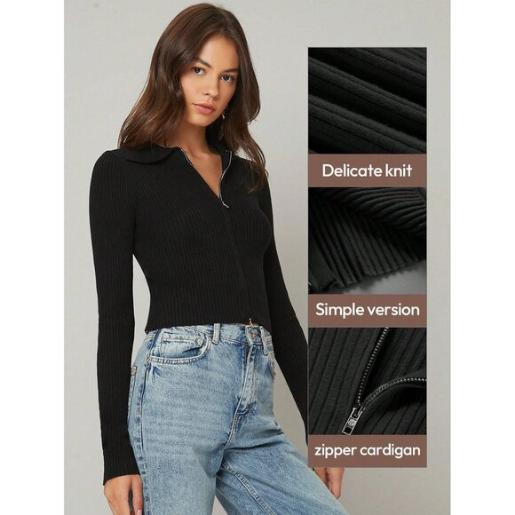 Black Long Sleeve Zipper Cardigan Knit Fabric Minimalist Preppy Layering Piece - Picture 1 of 1